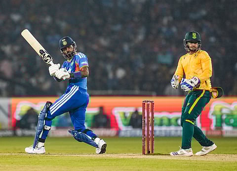 India's Hardik Pandya plays a shot during the first T20I cricket match between India and South Africa at Barabati Stadium, in Cuttack, Tuesday, Dec. 9, 2025.