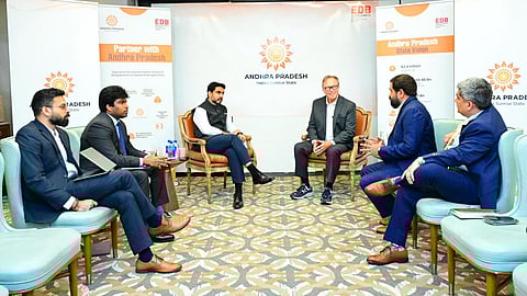 Minister for IT Nara Lokesh during meeting with Creativeland founder Sajan Raj Kurup in USA on Tuesday. 