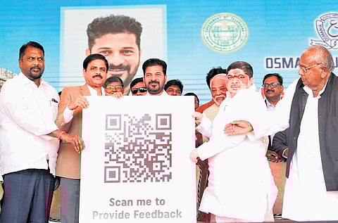 Chief Minister A Revanth Reddy releases a QR code for students to express their opinion on the proposed master plan for Osmania University.