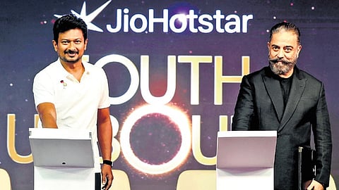Deputy CM Udhayanidhi Stalin inaugurated the ‘JioHotstar South Unbound’ event on Tuesday. Actor Kamal Haasan is also seen.