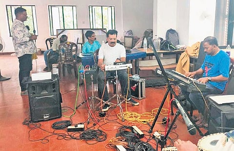 KSRTC employees, part of the musical troupe ‘Ganavandi’, during rehearsal at a depot. The ensemble will debut on Thursday.