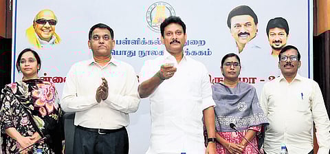 School Education Minister Anbil Mahesh Poyyamozhi releases the logo of CIBF 2026 on Tuesday.