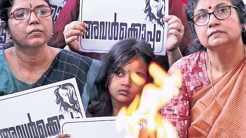 Members of the women collective at the gathering, expressing solidarity with the survivor in the actor assault case, at Manaveeyam Veedhi on Wednesday.