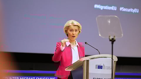 European Commission President Ursula von der Leyen addresses a Conference of the Global Alliance to Counter Migrant Smuggling at the EU Charlemagne building in Brussels on Wednesday, Dec. 10, 2025.
