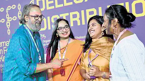 Actor Lijomol Jose with Cultural Affairs Department director Divya S Iyer, Film Academy vice-chairperson Kukku Parameswaran and Cultural Activist Welfare Fund Board chairman Madhupal at the 30th IFFK delegate pass distribution ceremony at Tagore Theatre, Thiruvananthapuram, on Thursday.