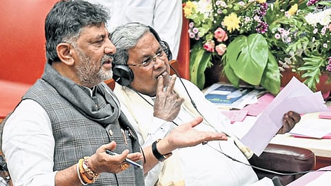 Deputy CM DK Shivakumar with CM Siddaramaiah during the winter session 
of the legislature in Suvarna Vidhana Soudha in Belagavi on Thursday 