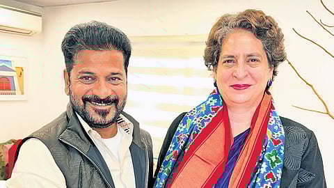 Chief Minister A Revanth Reddy greets Wayanad MP Priyanka Gandhi in New Delhi