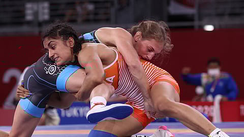 Vinesh Phogat (R) in action during a wrestling bout held before her retirement post 2024 Paris Olympics
