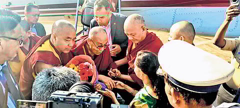 Tibetan spiritual leader Dalai Lama arrives at Hubballi Airport on Friday 