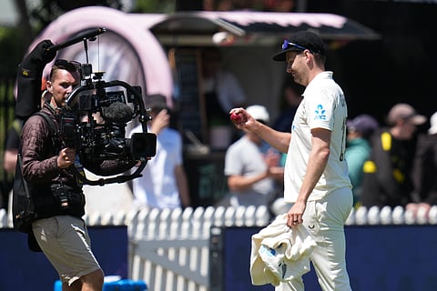 New Zealand's Jacob Duffy walks from the field with a five wicket bag at the end of the West Indies 2nd innings during day three of the 2nd international Test cricket match between New Zealand and West Indies at the Basin reserve in Wellington on December 12, 2025.