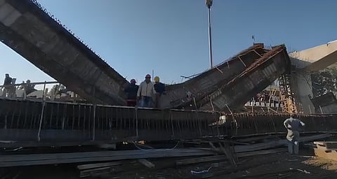 Five workers injured after bamboo structure supporting the construction of a new bridge on Kailash Road in Gujarat's Valsad.