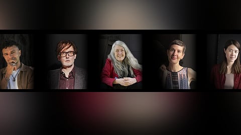 (L-R) Raymond Antrobus,
Jarvis Cocker,
Mary Beard,
Patricia Lockwood, 
Rebecca Liu