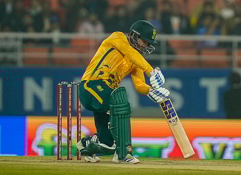 South Africas Quinton de Kock plays a shot during the second T20 International cricket match of a series between India and South Africa on Dec. 11, 2025.