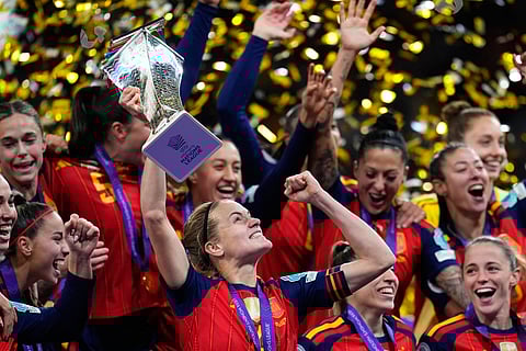 Spain's team captain Irene Paredes lifts the trophy after winning the Women's Nations League final soccer match between Spain and Germany in Madrid, Tuesday, Dec. 2, 2025.