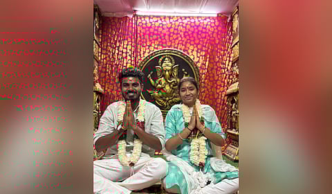 Sreeja Chandrasekhar Gouds file photo, who got married in a temple immediately after filing her nomination for Sarpanch of Tallapalli village.