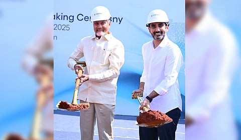 CM Nara Chandrababu Naidu and minister for IT Nara Lokesh during the groundbreaking ceremony of Cognizant in Visakhapatnam on Friday. 