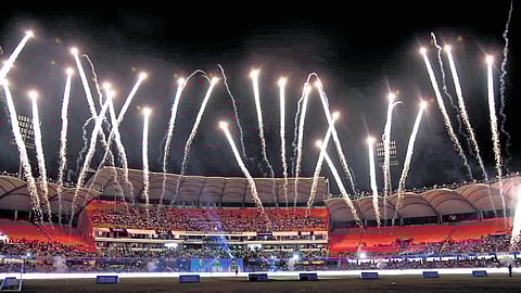 Fireworks light up Uppal Stadium.
