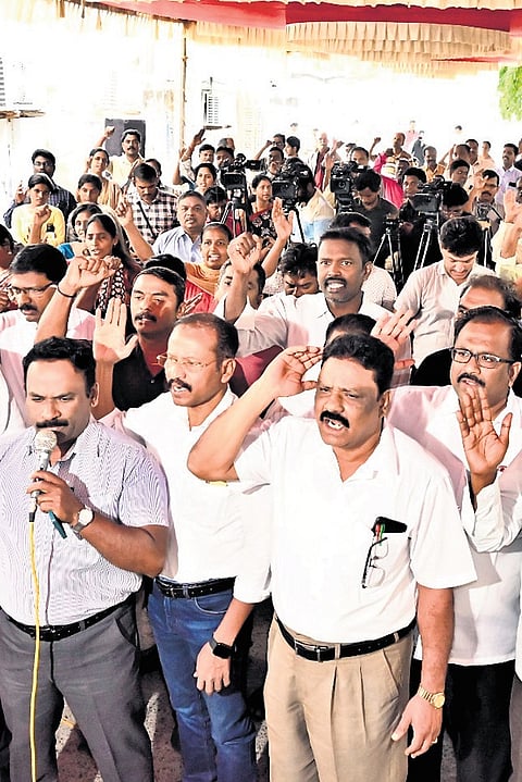 Members of JACTTO-GEO staging protest in Chennai on Saturday.