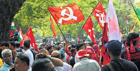LDF workers celebrating the victory of candidates at the counting centre at Maharaja’s College in Kochi on Saturday.