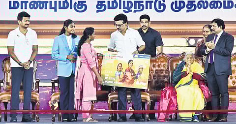 Chief Minister MK Stalin with beneficiaries during the event in Chennai 