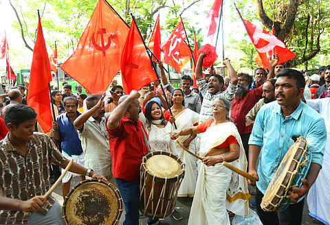 LDF workers celebrating the victory of cpm candidates at the counting center at Maharajas college in Kochi on Saturday.