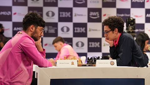 Alireza Firouzja (right) during his game against Fabiano Caruana at the Global Chess League 