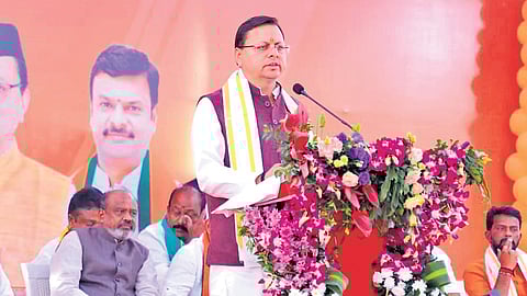 Uttarakhand CM Pushkar Singh Dhami addressing a public meeting after unveiling the statue of former PM AB Vajpayee at Madanapalle on Sunday.