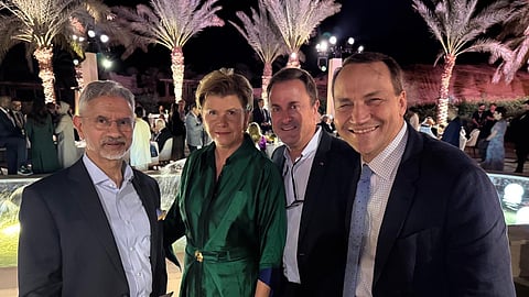 EAM Jaishankar with Luxembourg's Deputy Prime Minister and Foreign Minister Xavier Bettel (C), Poland's Deputy Prime Minister and Foreign Minister Radoslaw Sikorski (R), and Latvia's Foreign Minister Baiba Braze (2L).