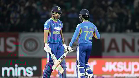 Shivam Dube, left, and Tilak Varma greets each other after India won the match during the third T20 cricket match between India and South Africa in Dharamshala, India, Sunday, Dec. 14, 2025. 