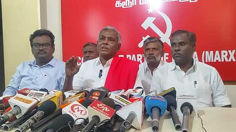 P Shanmugam, State Secretary of the Communist Party of India (Marxist) addressing the media in Karur on Sunday.