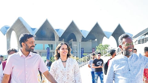Former badminton star Saina Nehwal walks on the IIT Hyderabad campus ahead of the inaugural ceremony of the 58th Inter IIT Sports Meet on Sunday.