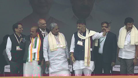 Karnataka CM Siddaramaiah with DCM DK Shivakumar during the Vote Chori, a rally against the central government in Delhi on Sunday.