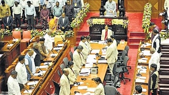 Ministers and MLCs mourn the death of Shamanur Shivashankarappa inside Suvarna Vidhana Soudha in Belagavi on Monday 