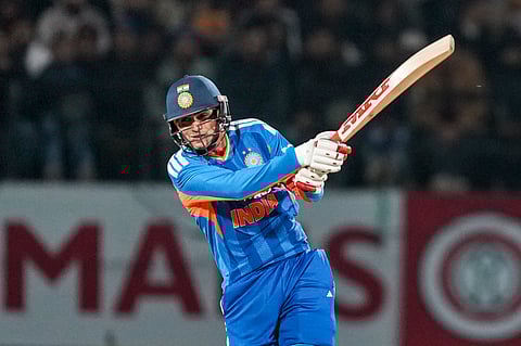 India's Shubman Gill plays a shot during the third T20 International cricket match of a series between India and South Africa, at HPCA Stadium, in Dharamshala, Himachal Pradesh, Sunday, Dec. 14, 2025.