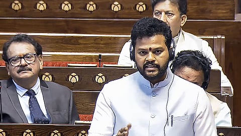 Union Minister Kinjarapu Ram Mohan Naidu speaks in the Rajya Sabha during the Winter session of Parliament, in New Delhi, Monday, Dec. 15, 2025.