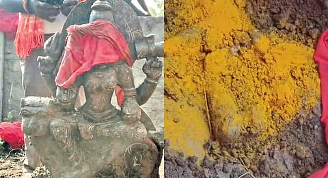 The Goddess Durga idol that was excavated from the banks of Godavari river at Mulkala village, Hazipur mandal, of Mancherial district on Monday