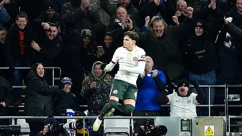 Chelsea's Alejandro Garnacho, left, scores their third goal of the game against Cardiff City during the English League Cup quarterfinal soccer match in Cardiff, Tuesday, Dec. 16, 2025.