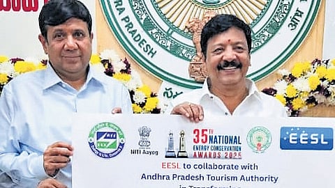 Tourism Minister K Durgesh and Special Chief Secretary (Tourism) Ajay Jain release a poster on  energy efficiency in Amaravati on Wednesday.