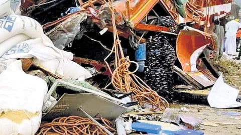 In the impact, the truck, carrying parcels from Vellore to Tiruchy, veered into the opposite lane and hit two cars.