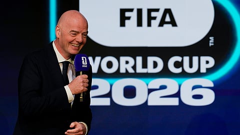 FIFA President Gianni Infantino speaks during the match schedule reveal for the 2026 soccer World Cup in Washington, Saturday, Dec. 6, 2025.