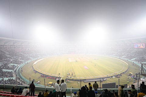 A view of Ekana Cricket Stadium  in Lucknow, shrouded in dense fog Wednesday, Dec. 17, 2025. 