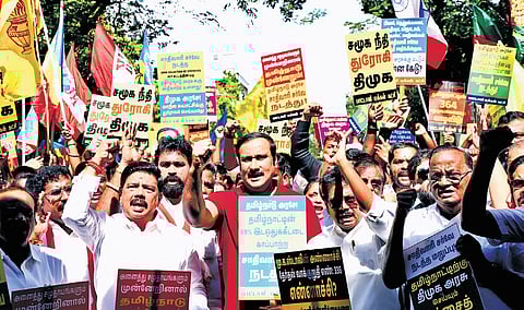 PMK leader Anbumani Ramadoss leading the stir against the state’s failure to conduct a caste-based survey at Egmore in Chennai on Wednesday 