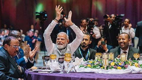 Prime Minister Narendra Modi with his Ethiopian counterpart Abiy Ahmed Ali and others during a ceremony hosted at the Addis International Convention Centre, in Addis Ababa, Dec. 17, 2025. National Security Advisor Ajit Doval is also seen.