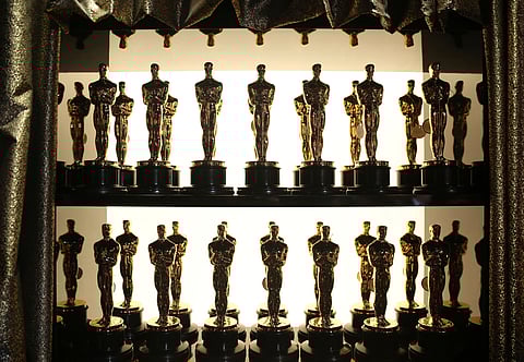Oscar statuettes appear backstage at the Oscars at the Dolby Theatre in Los Angeles on Feb. 28, 2016. 