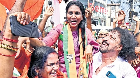 R Sreelekha, NDA winner from Sasthamangalam ward, at the counting centre at Mar Ivanios College in Thiruvananthapuram.