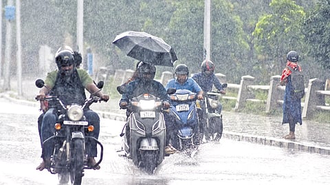 Heavy showers lashed some parts of the city on Tuesday. A scene on Rajaji Salai near St George Fort 