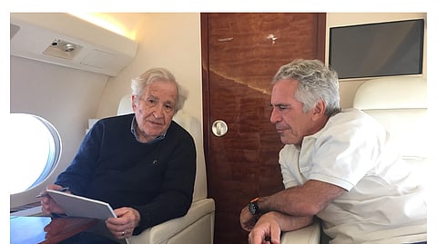 This undated and unlocated handout image released by Democrats on the House Oversight Committee on December 18, 2025 shows late convicted sex offender Jeffrey Epstein (R) speaking to US professor and political activist Noam Chomsky.