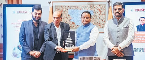 Chief Minister Mohan Charan Majhi and Industries Minister Sampad Chandra Swain meet investors during their roadshow in Hyderabad, on Thursday evening