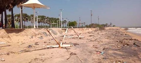 The damaged Children's park at Kulasekarapattinam beach, and the palmyra groves toppled into the sea due to erosion.