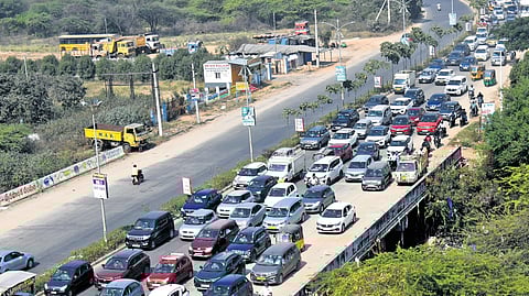 Ahead of the third phase of the gram panchayat elections, traffic on Hyderabad-Nagarjunasagar road comes to a virtual standstill on Wednesday.